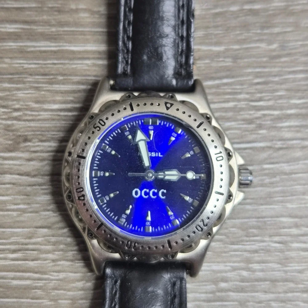 Fossil Blue PR5056 Quartz Watch Blue Dial OCCC Logo Black Leather Strap Working